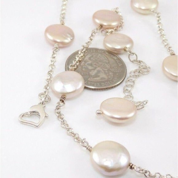 Sterling Silver Round Disc Pearl Station Link Necklace 19.5 - Picture 5 of 5